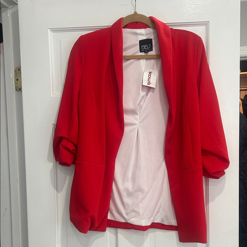 BBJ Womens Red Open-Front Draped Blazer with Rolled Sleeves